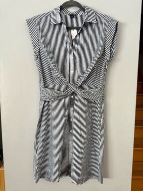 Ann Taylor Black & White Striped Button-Front Midi Dress